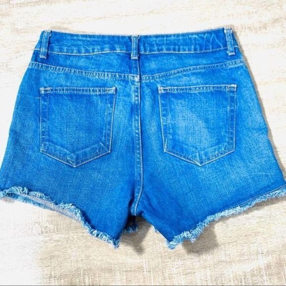 TOPSHOP Bright Blue Cut off Moto Denim Jean Shorts Size 28 - Picture 5 of 8